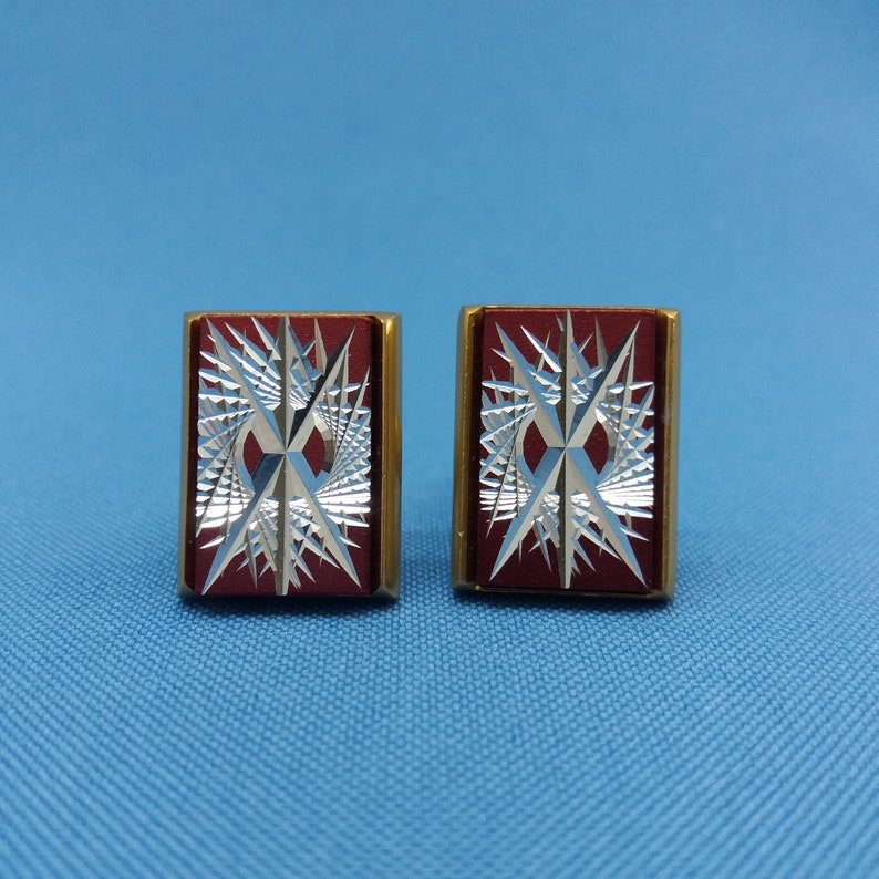 Red retro cufflinks rectangular in gold and silver tone metal soviet accessories men