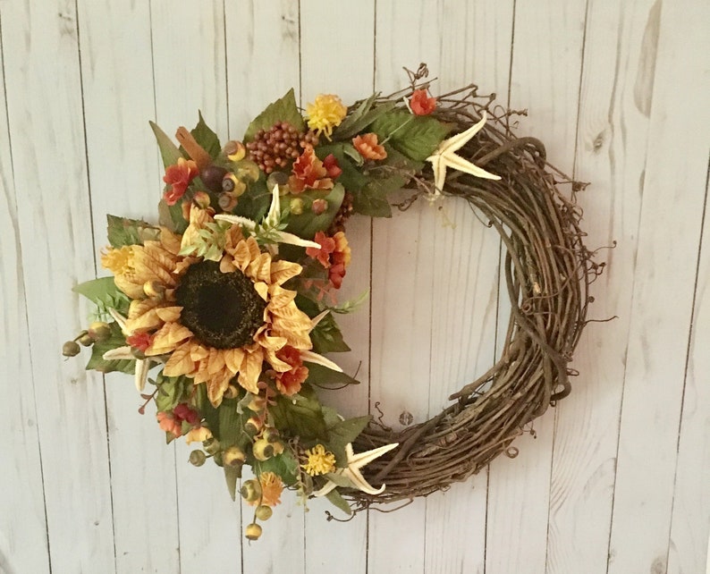 Sunflower Wreath Starfish Wreath Coastal Wreath Front Door Etsy