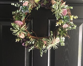 Summer Wreath/Succulent Wreath/Grapevine Wreath/Front Door Wreath/Beach Wreath/Everyday Wreath/Coastal Decor/Seashell Wreath/Beach Decor