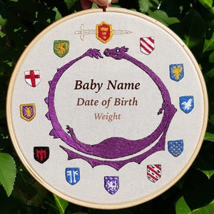 Knights of the Round Table Baby Sampler - 7" Gender Neutral Hand Embroidery New Baby Art