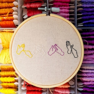 May include: An embroidery hoop with a beige fabric featuring four hand gestures embroidered in yellow, white, purple, and black thread. The background shows spools of colourful embroidery floss in shades of yellow, orange, pink, and purple.