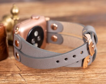 GRAY Leather Apple Watch Band 7/SE/6/5/4/3/2/1/38mm,40mm,41mm,42mm,44mm,45mm, iWatch Band 42mm, iwatch Band, Apple Watch Red Band-GRAY