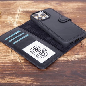 MAGSAFE And RFID iPhone 15/15 Max/Pro/ProMax Leather Wallet Case,iPhone 15 Handmade Case,iPhone 15 Pro wallet Cover,iP 15,iP 15 Black Case