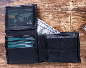 Billetera de cuero hecha a mano, billetera de cuero genuino, billetera de cuero hecha a mano negra, soporte de tarjeta, billetera de tarjeta, billetera, billetera negra, -NEGRO-
