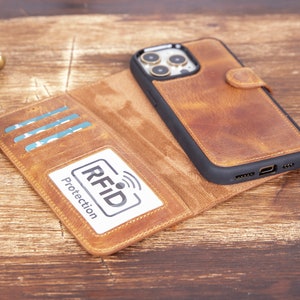 MAGSAFE y RFID iPhone 15/15+/Pro/ProMax Funda de cartera de cuero, funda hecha a mano para iPhone 15, funda de cartera para iPhone 15 Pro, iP 15, iP 15 funda marrón