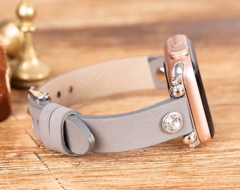 GRAY Leather Apple Watch Band 7/SE/6/5/4/3/2/1/38mm,40mm,41mm,42mm,44mm,45mm, iWatch Band 42mm, iwatch Band, Apple Watch Red Band-GRAY