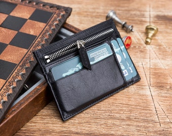 Monedero de cuero hecho a mano, cartera de cuero genuino, cartera de cuero hecha a mano negro, titular de la tarjeta, billetera, billetera, billetera negra, -NEGRO-