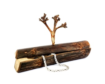 Könnte beinhalten: Eine Holzkiste mit natürlicher brauner Oberfläche, in Form eines Baumstamms, mit einer silbernen Kette im Inneren. Die Kiste ist geöffnet und die Kette ist sichtbar. Ein kleiner, getrockneter Zweig mit mehreren Stielen liegt auf der Kiste.