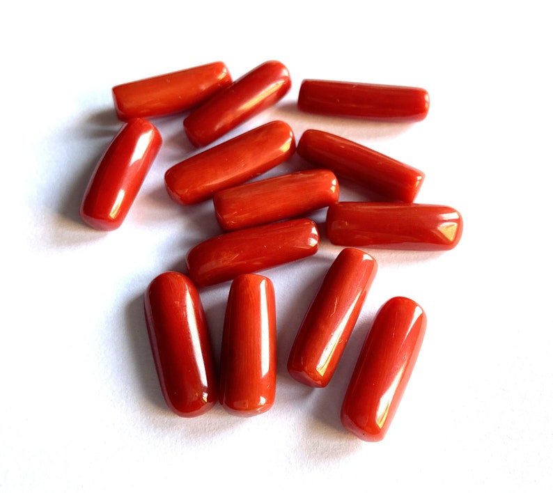 Puede incluir: Una colecci&oacute;n de gemas de coral rojo pulido y vibrante. Cada gema tiene una forma ovalada alargada y lisa. Las piezas de coral est&aacute;n dispersas sobre una superficie blanca, mostrando su rico color y belleza natural.