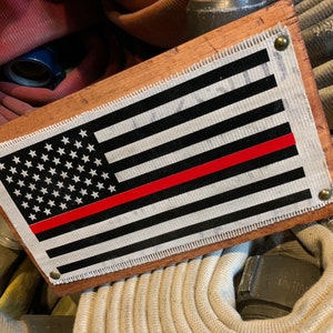 Fire Hose Sign with the thin red line flag or firefighter flag. Great gift for him, firefighter, fireman, firefighter gift or fireman gift.