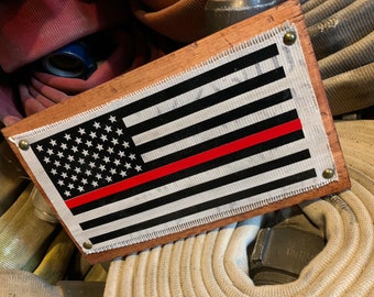 Fire Hose Sign with the thin red line flag or firefighter flag. Great gift for him, firefighter, fireman, firefighter gift or fireman gift.