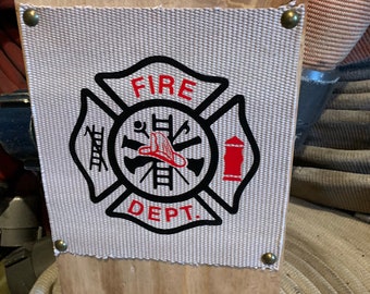Fire Hose Sign with the maltese cross. Perfect wall sign for home decor & wall decor. Great firefighter sign, fireman sign or gift for him.