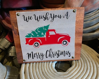 Fire Hose Sign with the iconic red truck & Christmas tree. Perfect Christmas decor, Christmas sign, home decor, gift for her or gift for him