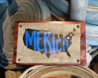 Fire Hose Sign with the shape of the United States, "Merica," USA America. Great patriotic sign & rustic sign for home decor or wall decor.