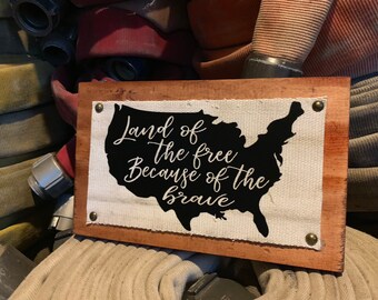 Fire Hose Sign with USA & America shape. Great patriotic sign of the United States. Perfect wall sign for home decor or wall decor.