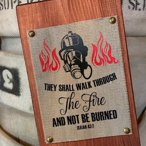 Fire Hose Sign with a Firefighter prayer & fire mask. Awesome Fireman Gift, Gift for Firefighter or Firefighter Gift. Perfect Rustic Sign.