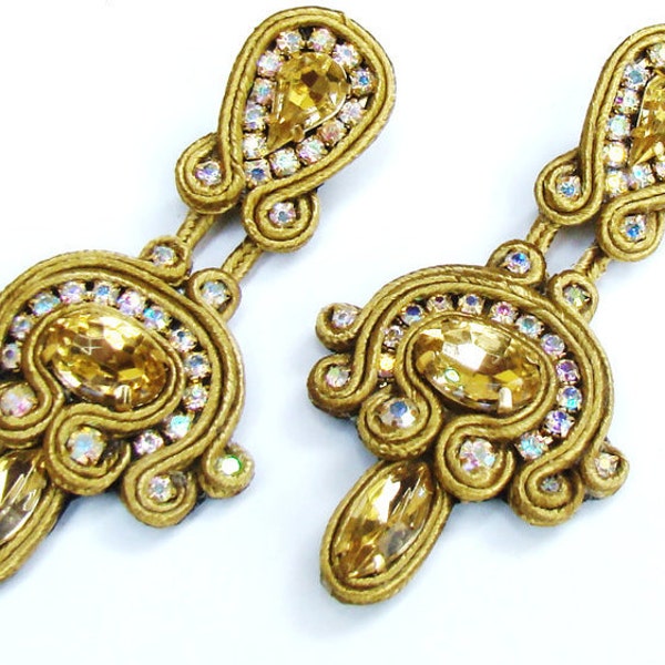 Golden Earrings, Fashion Jewelry, Soutache Earrings, Bohostyle