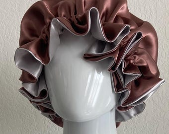 Reversible Satin Hair Bonnet: Dusty Rose + Silver Ruffles Elegant Sleeping Cap