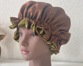 Kid's Ruffle Satin Hair Bonnet | Little Girl's Brown & Green Reversible Sleeping Night Cap | Hair Bonnets for Girls | Girl Hair Accessories