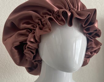 Romantic Rose Gold Blossom Satin Hair Bonnet: Classic Rustic Pink Large Bonnet Bridal Gift