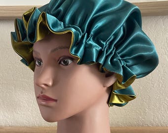 Kid's Ruffle Satin Hair Bonnet | Reversible Forest Green & Olive Green Sleeping Night Cap | Hair Bonnets for Girls | Girl Hair Accessories