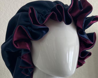 Reversible Navy Plum Satin Hair Bonnet w/Chic Ruffles: Large Sleeping Satin Cap Gift
