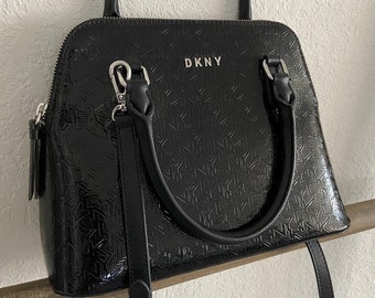 Vintage DKNY Embossed Black Patent Leather Crossbody Bag,Elegant Black Leather Top Handle Handbag,Women's Black Patent Leather Satchel Purse