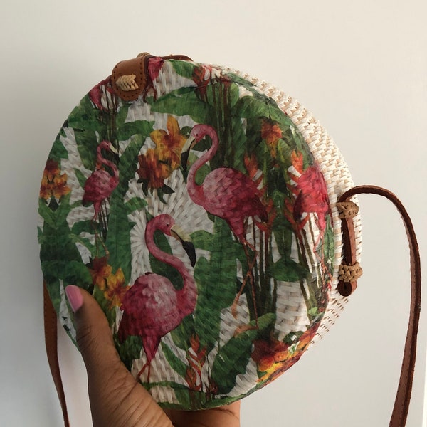 Round Rattan Handwoven Crossbody Bag,Handmade in Bali Round Rattan Straw Purse,Pink Swans-Flowers Cute Design Wicker Bag, Bohemian Crossbody