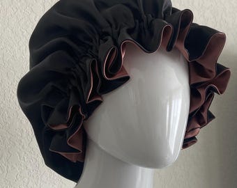 Reversible Matte Black & Dusty Rose Satin Hair Bonnet: Elegant Large Sleeping Hair Cap