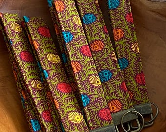 Retro Style Multi Polka Dot Keychain Wristlets | Unique Batik Fabric Key Fob Lanyard Gifts | Handmade Antique Brass Polka Dot Wristband