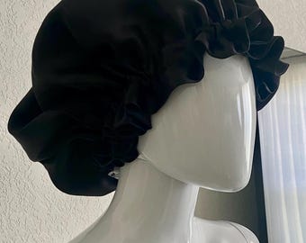 Classic Charcoal Black Satin Hair Bonnet with Minimalist Ruffles | Double Layer Black Sleep Cap