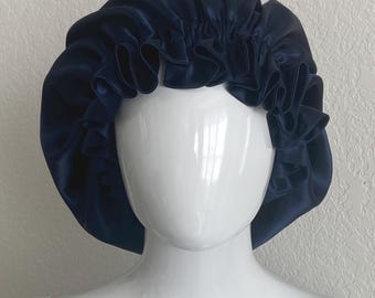 Classic Midnight Blue Satin Hair Bonnet with Minimalist Ruffles | Double Layer Navy Sleep Cap