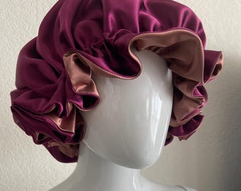 Elegant Plum Rose Reversible Satin Bonnet: Soft & Large Sleeping Bonnet Cap | Double-Layered Chic Satin Bonnet | Handmade Satin Sleeping Cap