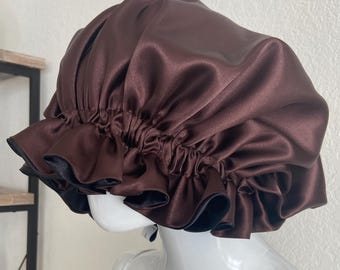 Classic Mocha & Ebony Black Reversible Satin Bonnet: Large Non-Slip Sleeping Hair Cap w/Elegant Ruffles
