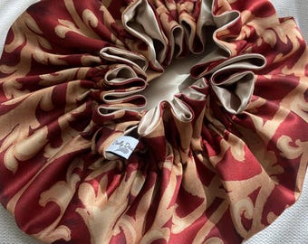 Handmade Maroon & Gold Floral Hair Bonnet: Vintage Satin Sleep Cap | Old-Fashioned Bonnet