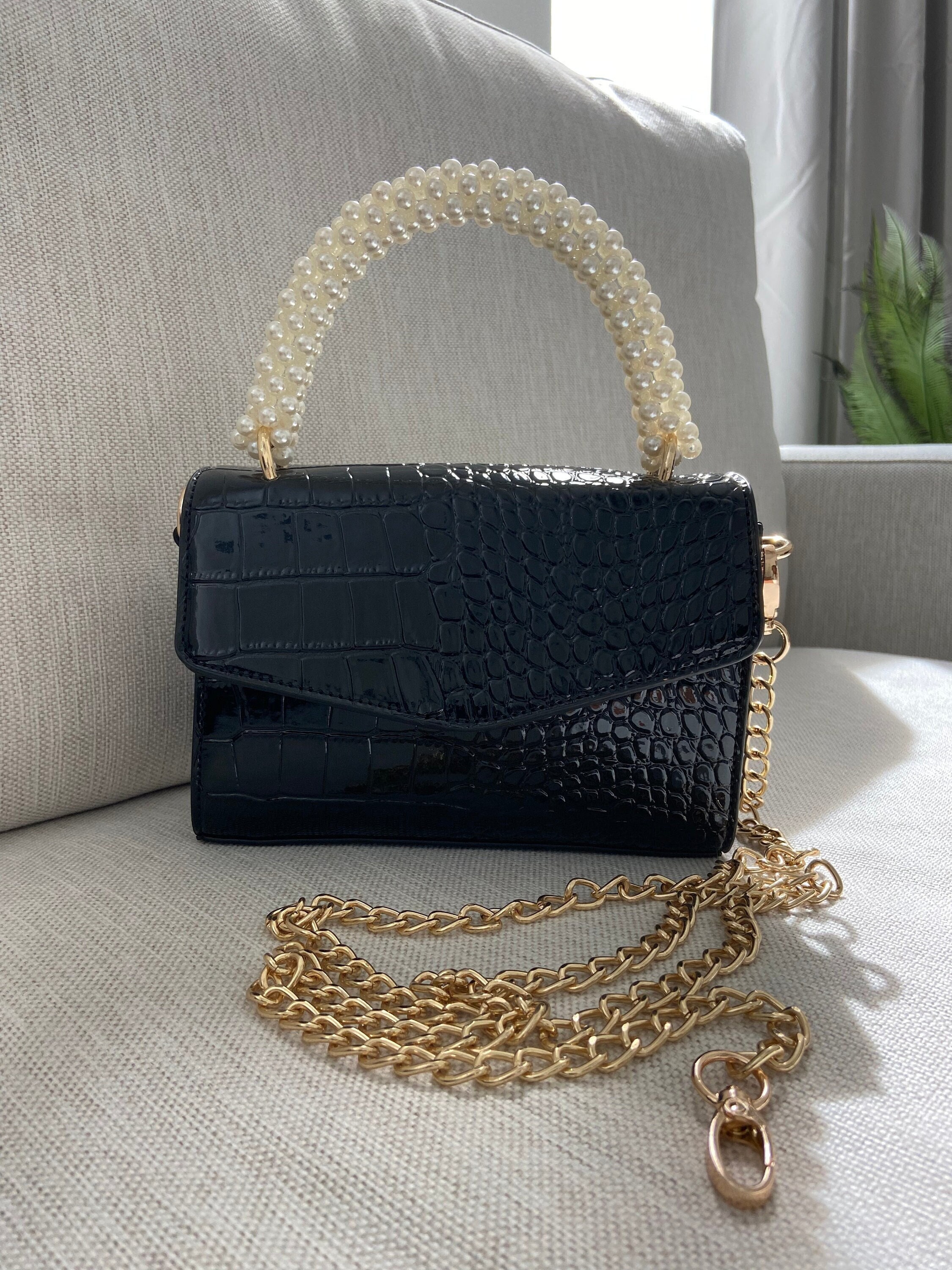 Elegant Black Crocodile Patent Leather Top Handle Bag Unique White Beaded Pearl Handle Purse Minimalist Gold Chain Crossbody Satchel Handbag Etsy