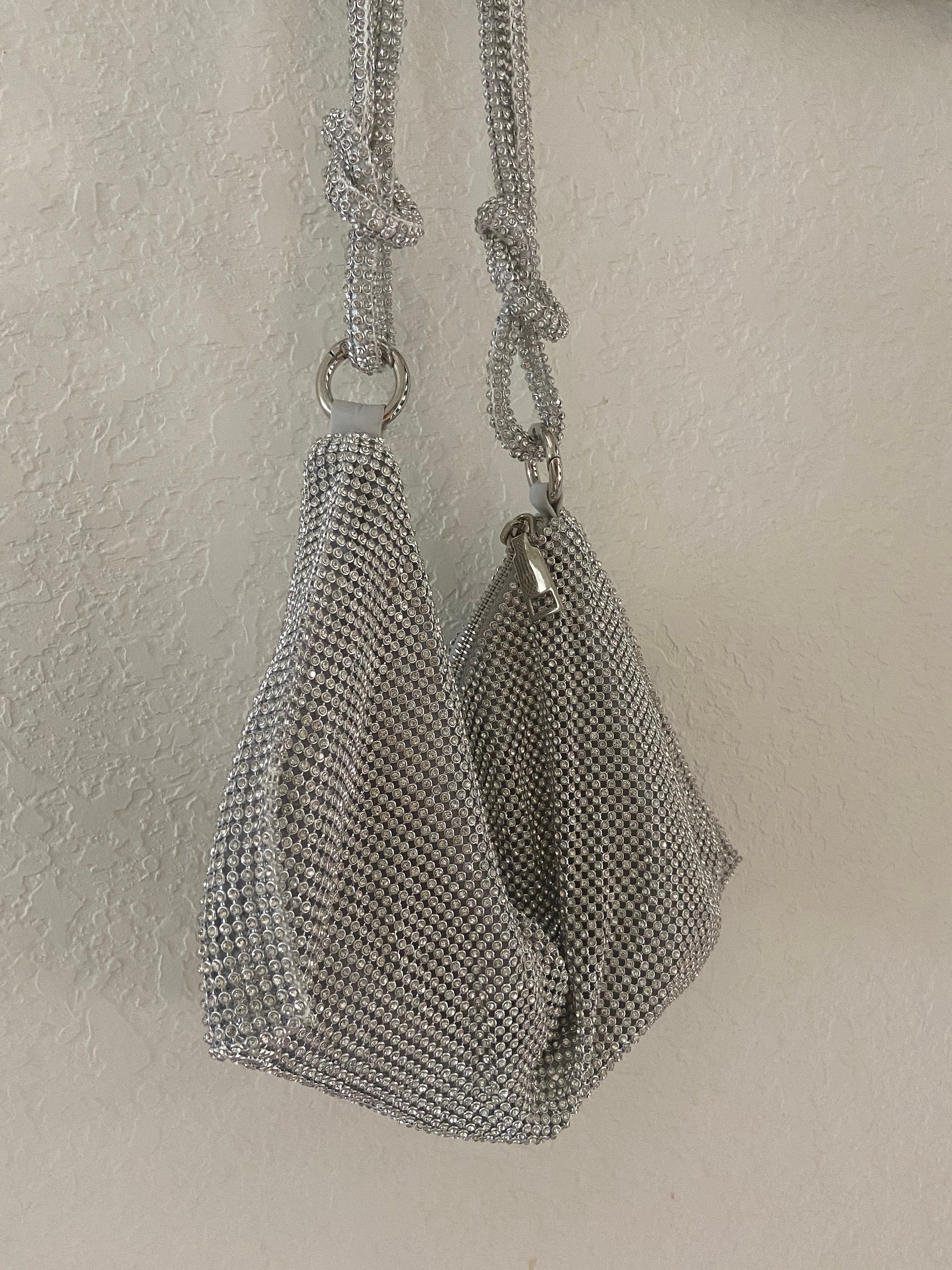 Silver Beaded Rhinestone Evening Bag,crystal Bling Bling Slouch Handbag