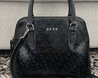 Vintage DKNY Embossed Black Patent Leather Crossbody Bag Elegant Black Leather Top Handle Handbag Women s Black Patent Leather Satchel Purse