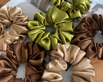 Elegant Handmade Satin Hair Scrunchies in Soft Champagne, Olive Green, Coffee Bean Color| Satin Hair Ties | Silky Satin Hair Scrunchie Gifts