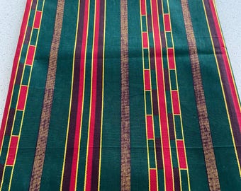 Dark Green + Burgundy Gold Striped 100% Cotton African Wax Fabric (46W),Rare-Find Ankara Fabric Per Yard,Elegant African Wax Quilting Fabric