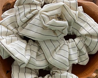 Oversized Linen Pinstripes Cream Scrunchie | Minimalist Neutral XL Hair Scrunchies For Her | Unique Hair Accessories
