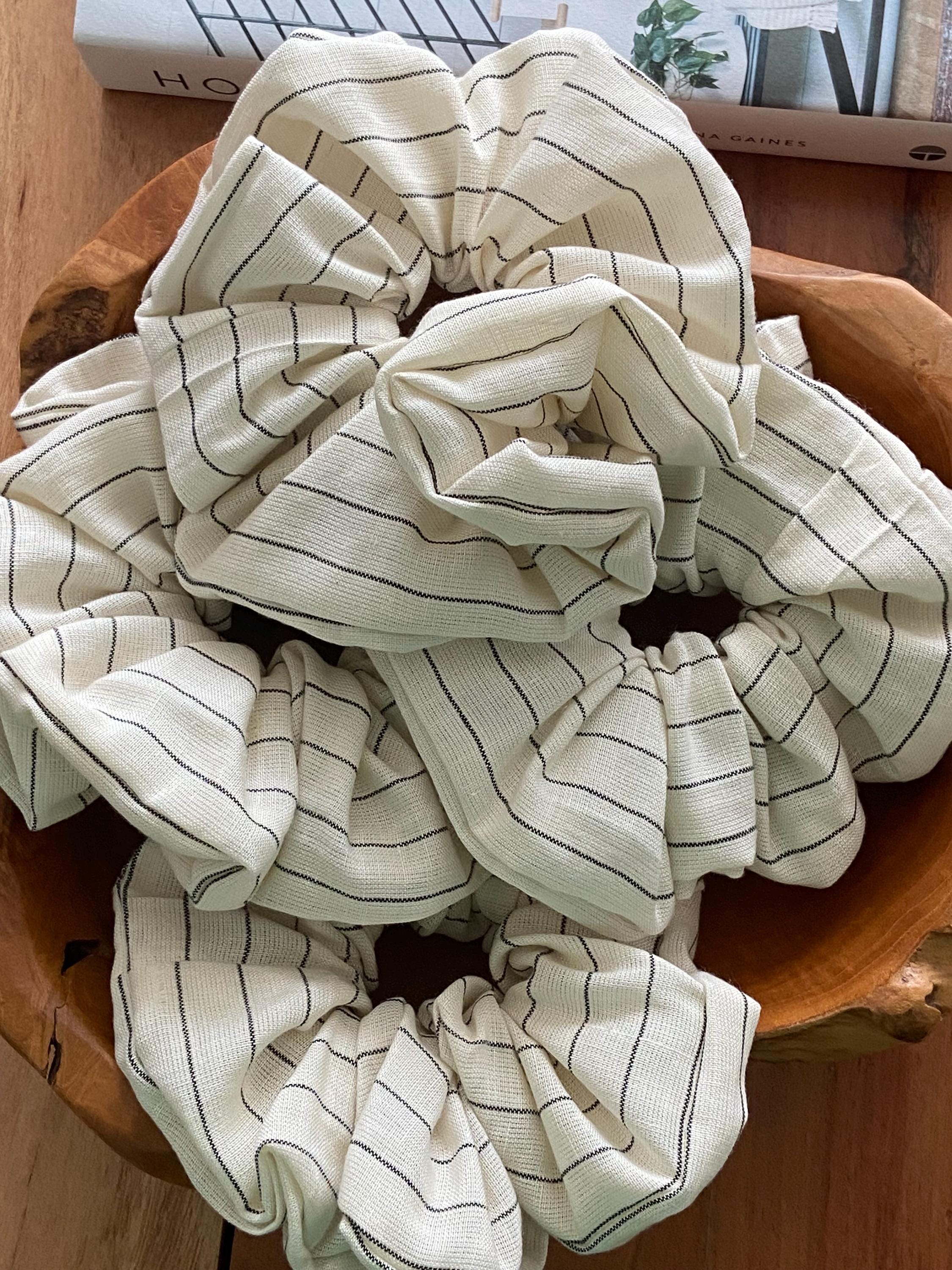 Oversized Linen Pinstripes Cream Scrunchie Minimalist Neutral XL Hair Scrunchies For Her Unique Hair Accessories