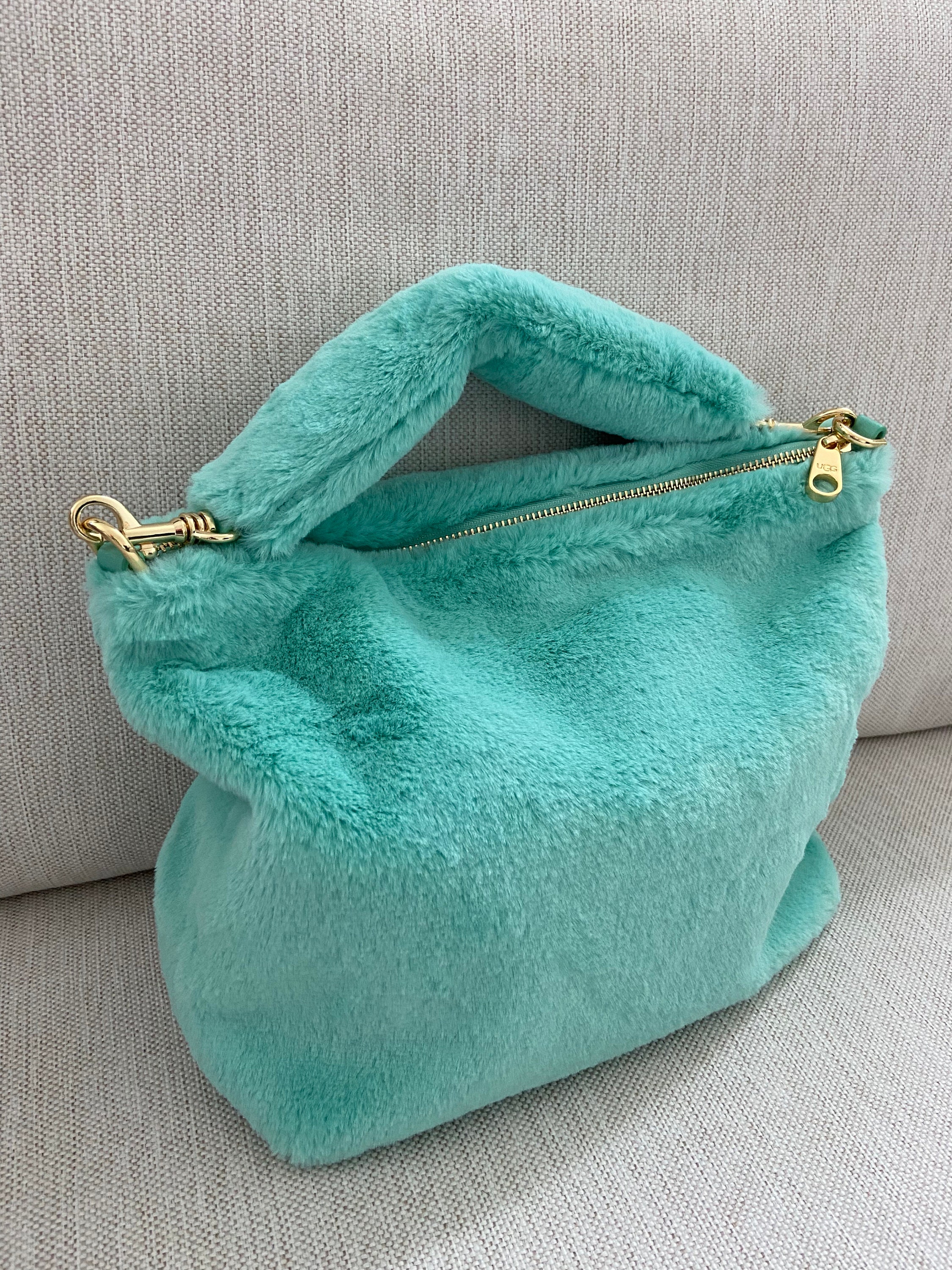 Rose Gold Pouch With Green Faux Fur Pom – Caroline Gardner