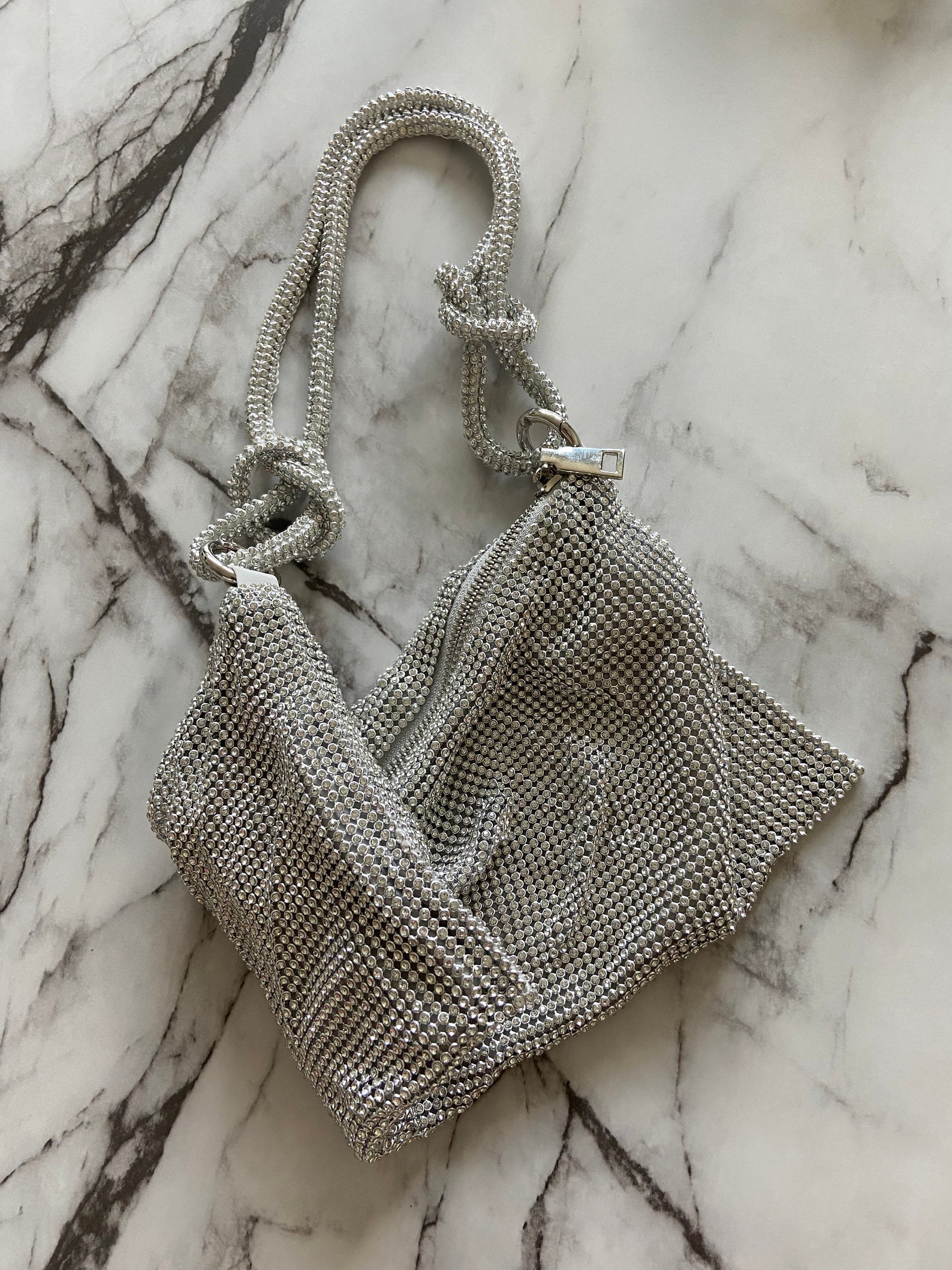 Silver Beaded Rhinestone Evening Bag,crystal Bling Bling Slouch Handbag