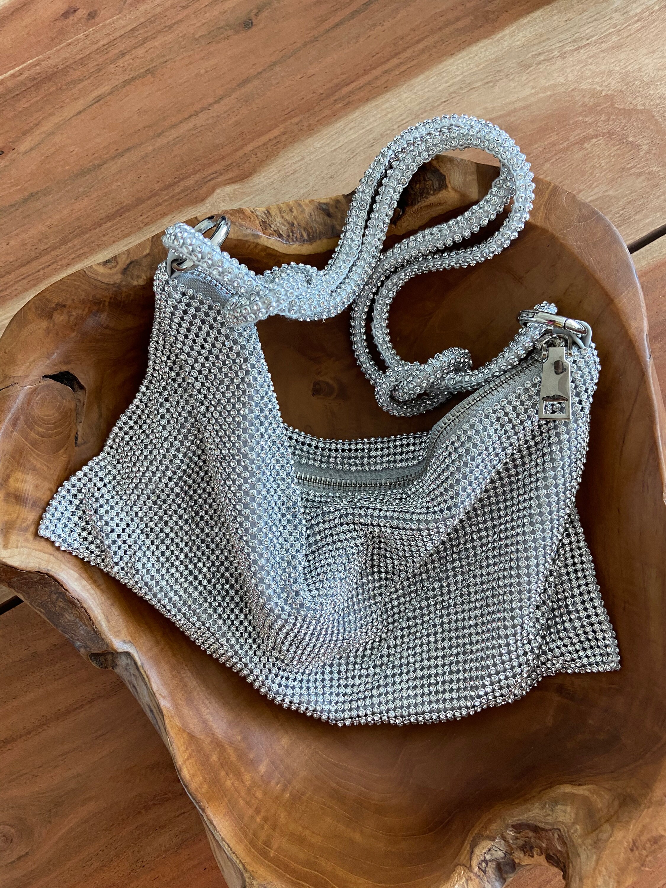 Silver Beaded Rhinestone Evening Bag,crystal Bling Bling Slouch Handbag