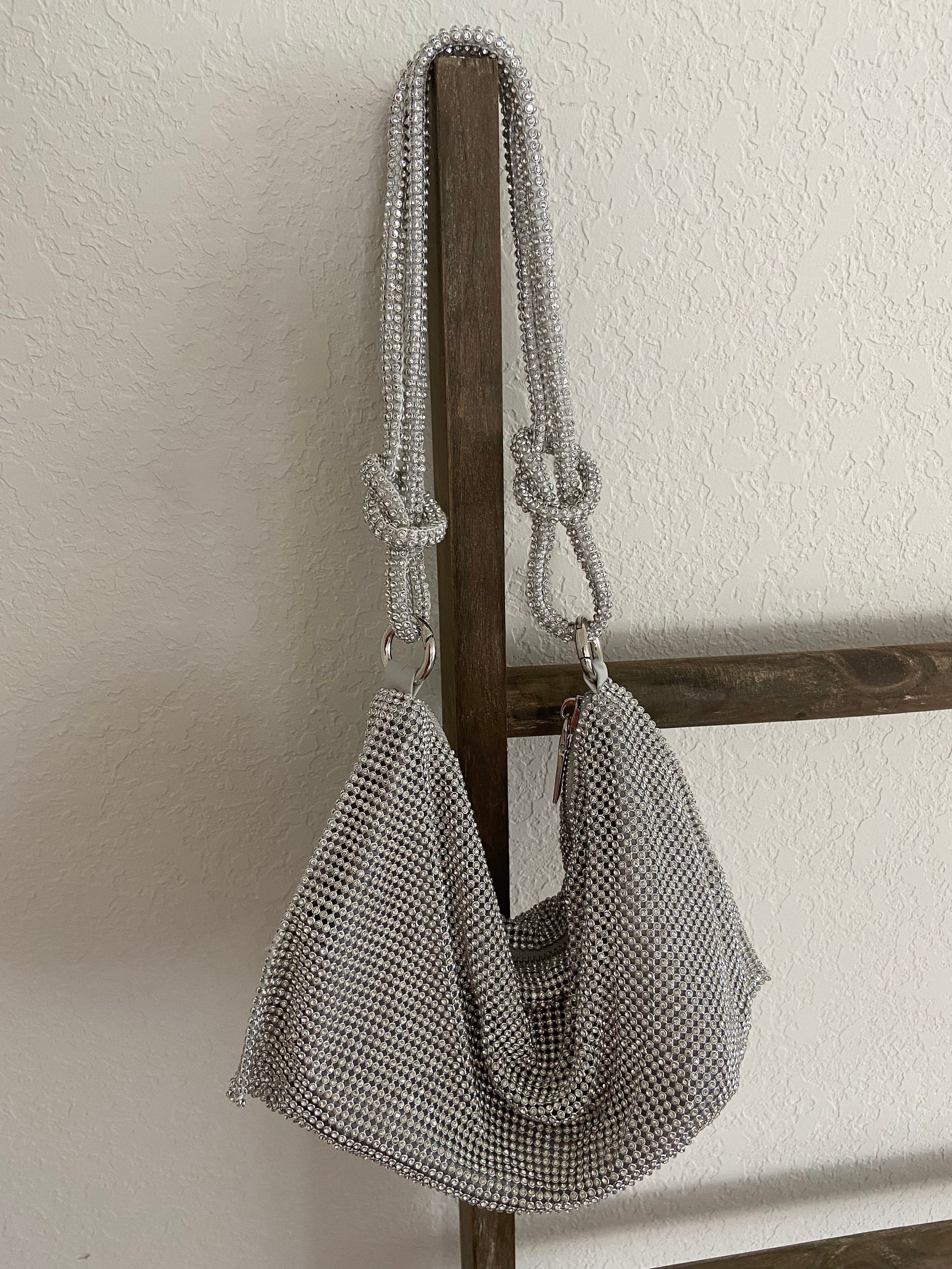 Silver Beaded Rhinestone Evening Bag,crystal Bling Bling Slouch Handbag