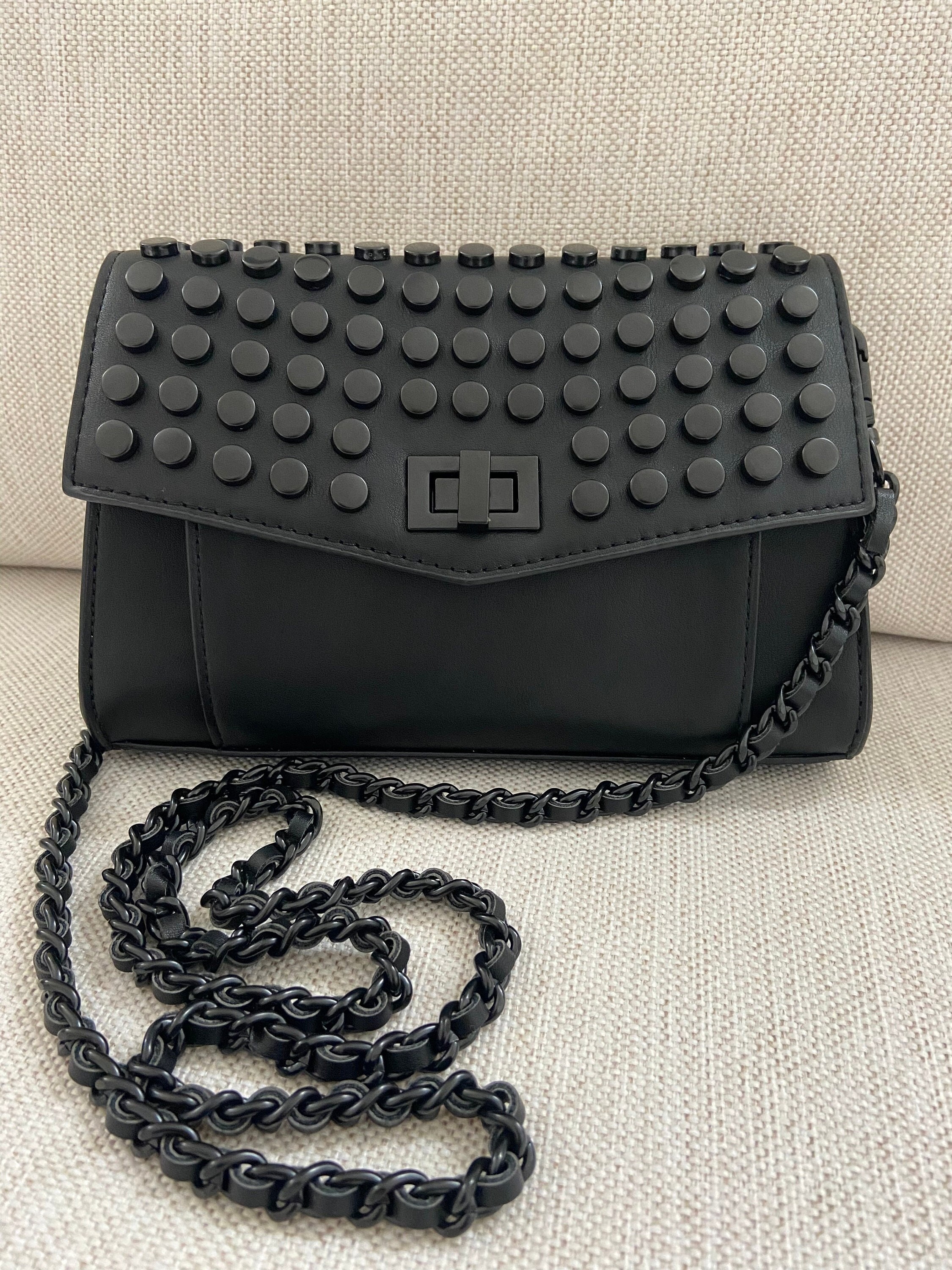 Steve Madden Baidan Detachable Black Chain Clutch,Classic Wedding Clutch,Studded Luxury Evening Bag,Metal Party Clutch,Elegant Black Clutch