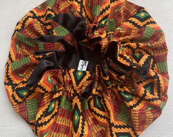 Silky Soft African Kente & Black Satin Reversible Hair Bonnet: Handmade Double Layered Sleeping Satin Cap