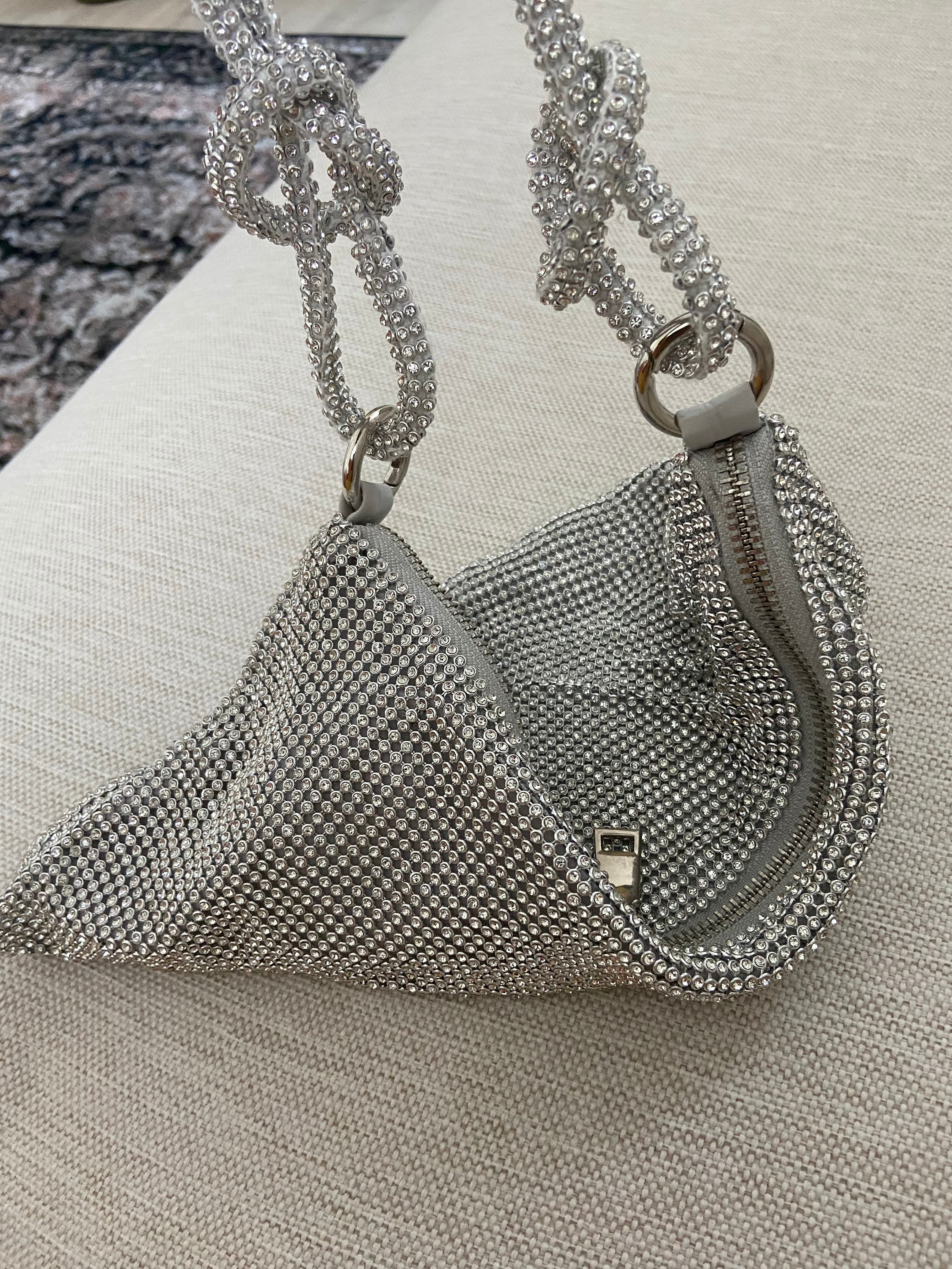 Silver Beaded Rhinestone Evening Bag,crystal Bling Bling Slouch Handbag