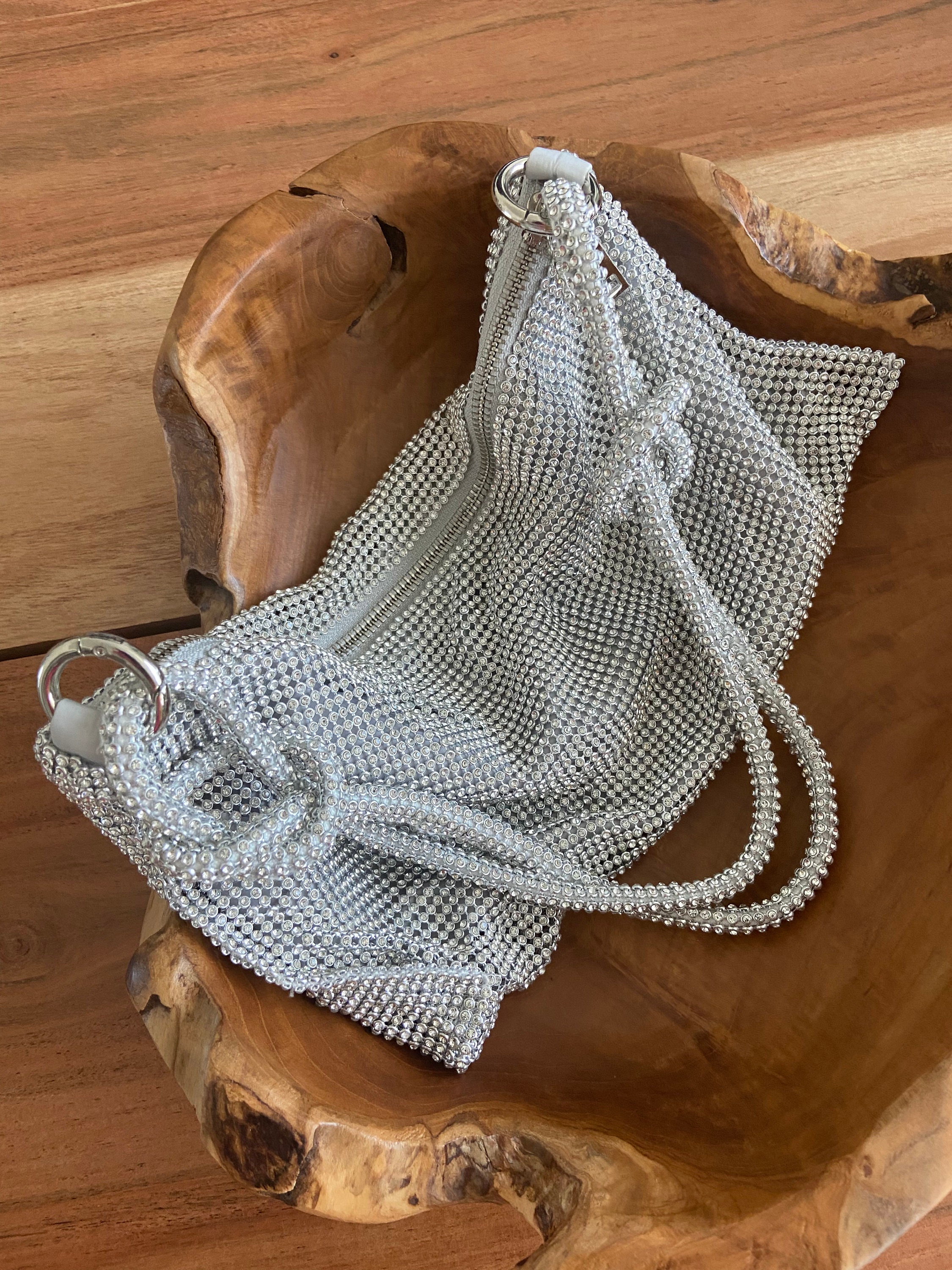 Silver Beaded Rhinestone Evening Bag,crystal Bling Bling Slouch Handbag